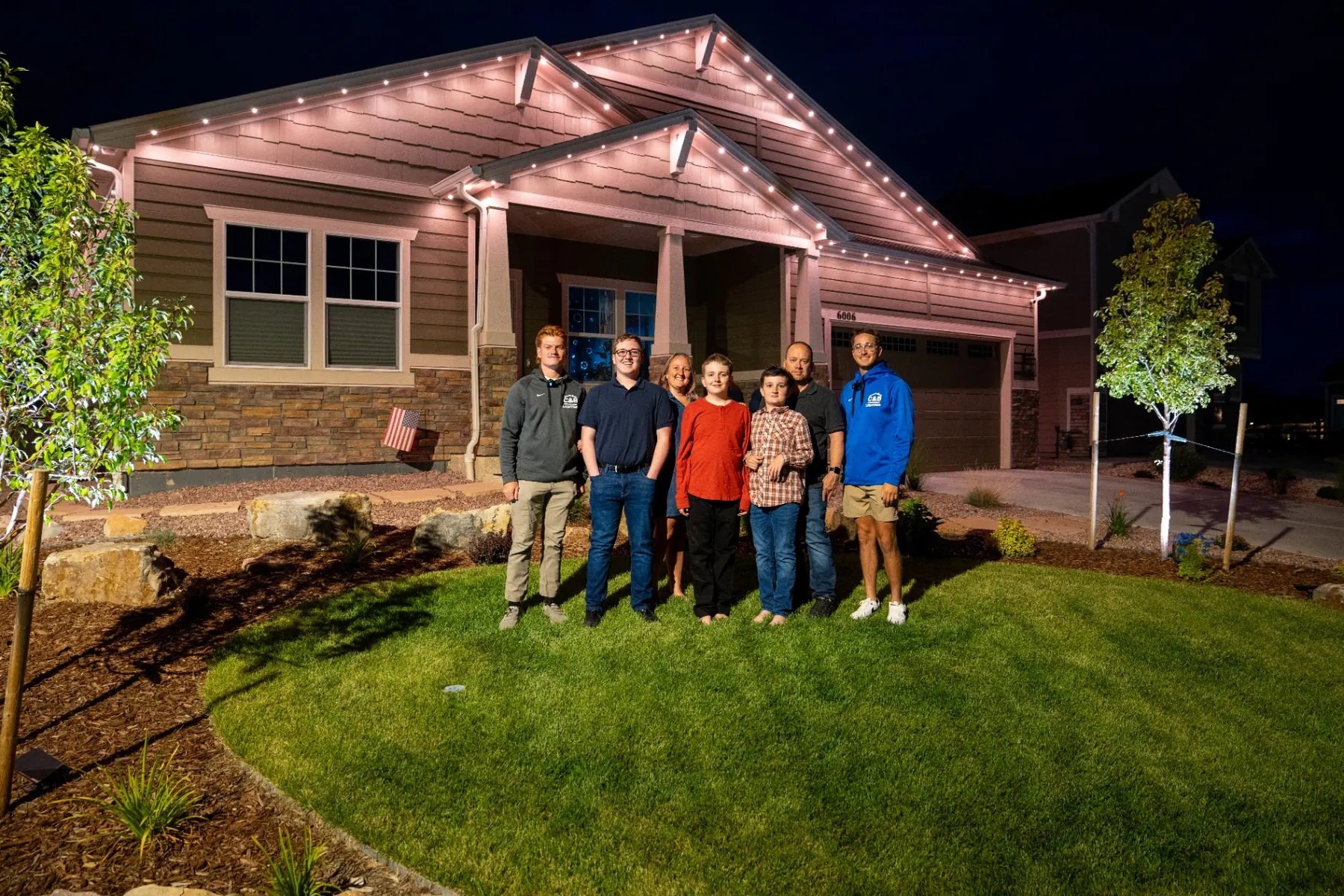 Detail of permanent LED lighting under home eaves